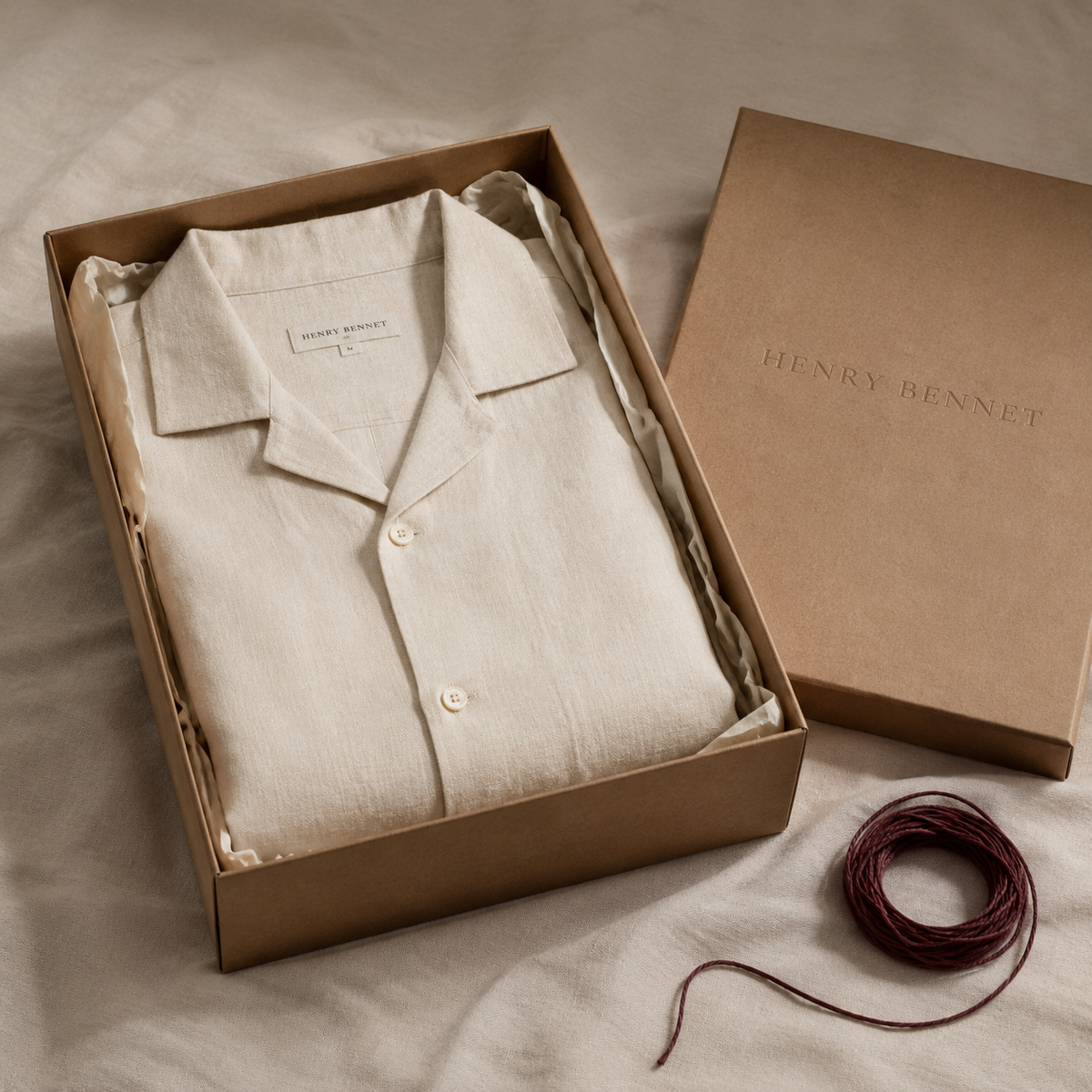 Henry Bennet unboxing v2 - opened shirt mailer with folded linen shirt